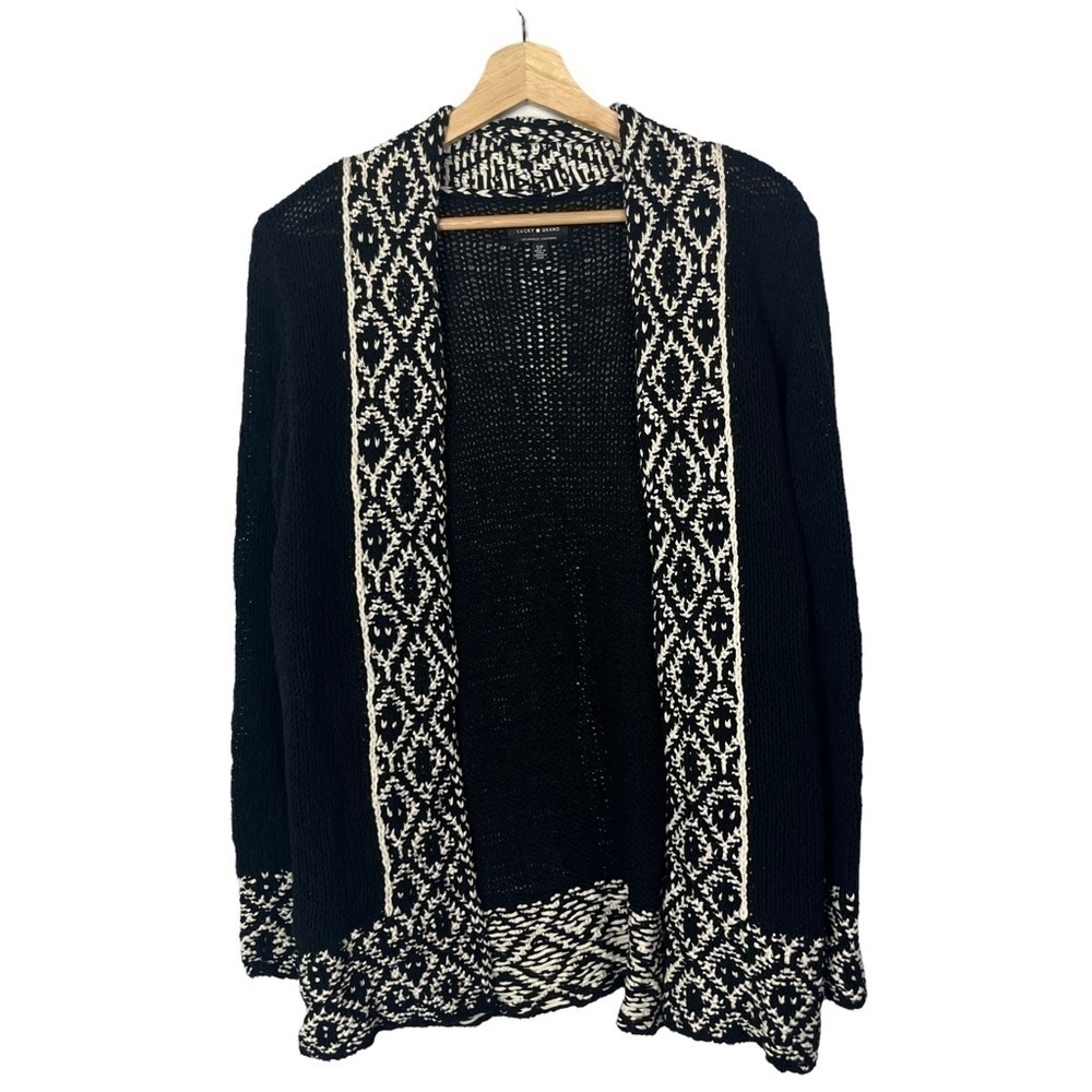 Lucky Brand Novelty Stitch Western Print Black & White Open Front Cardigan S